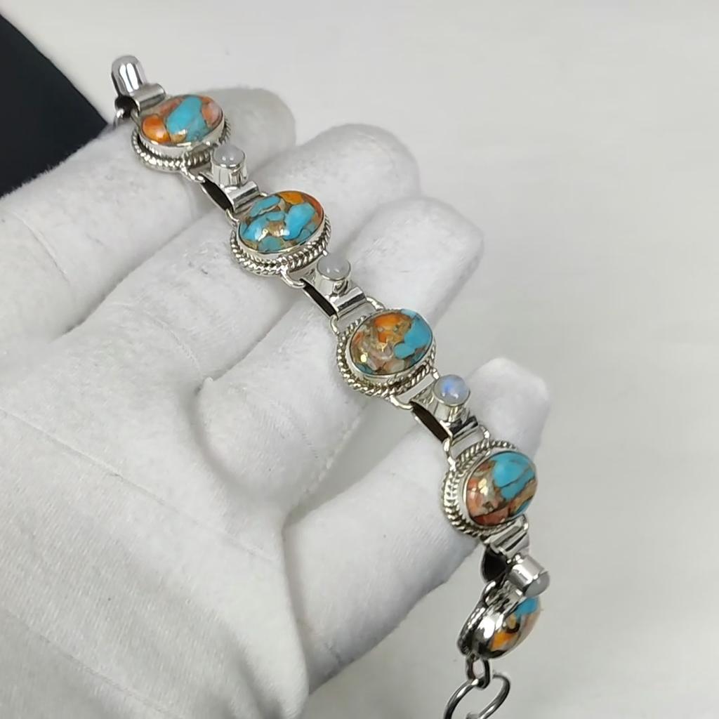 Оранжевая колючая устрица, регулируемый браслет из серебра 925 пробы с лунным камнем, серебряный браслет в стиле бохо, подарки на День святого Валентина, подарки для нее