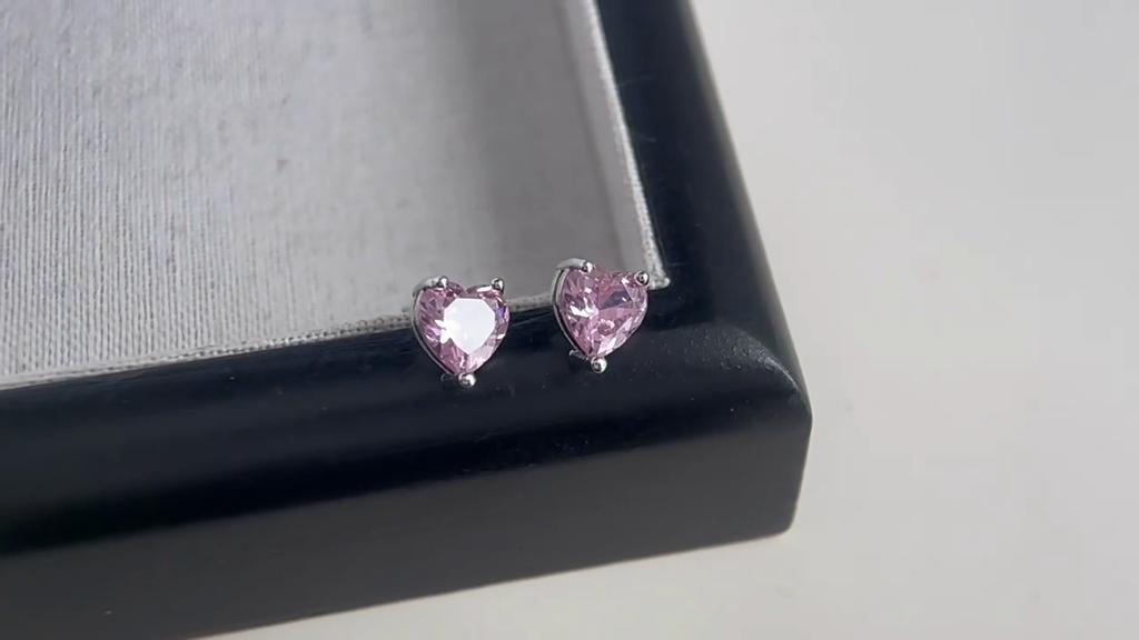 Серьги-гвоздики Heart CZ, серебряные, модные, розовые, с цирконием, для женщин