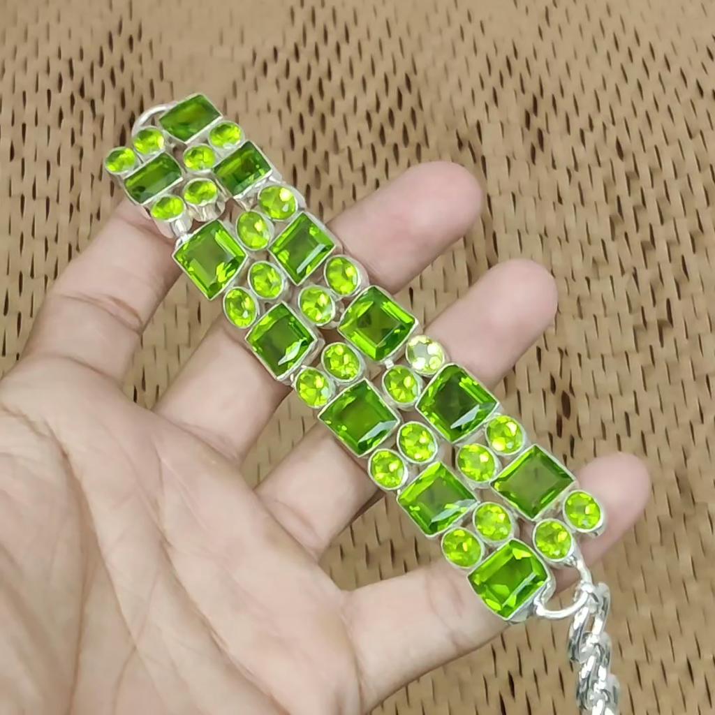 Wedding Gift For Her 925 Silver Natural Peridot Chain Adjustable Bracelet