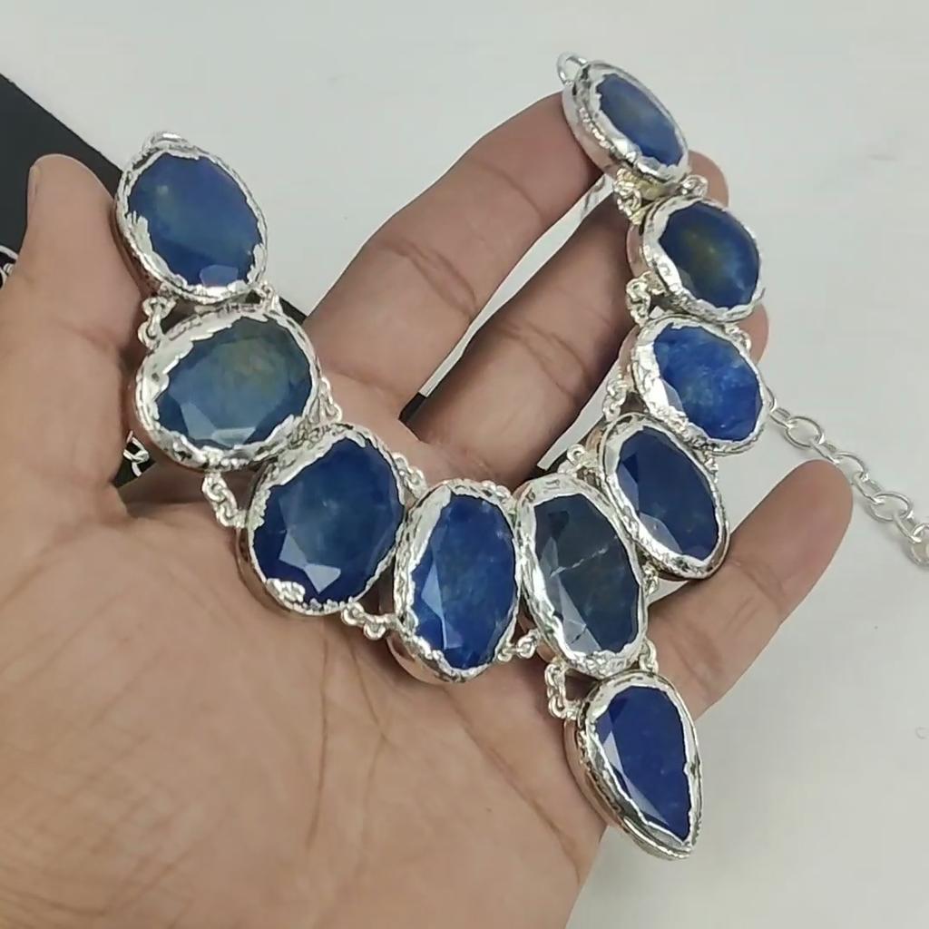 Ожерелье из серебра 925 пробы с синим сапфиром, гальванопластика, колье унисекс из серебра 925 пробы с синим сапфиром для жены, подарки на ватные палочки