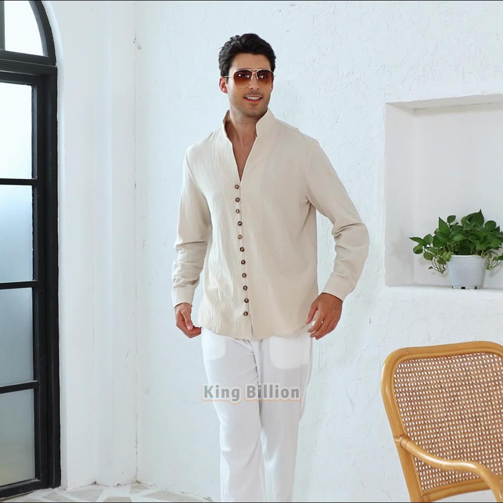 Мужская рубашка свободного покроя, модная, удобная, с воротником-стойкой, с длинным рукавом, классическая, на пуговицах, уличная, льняная