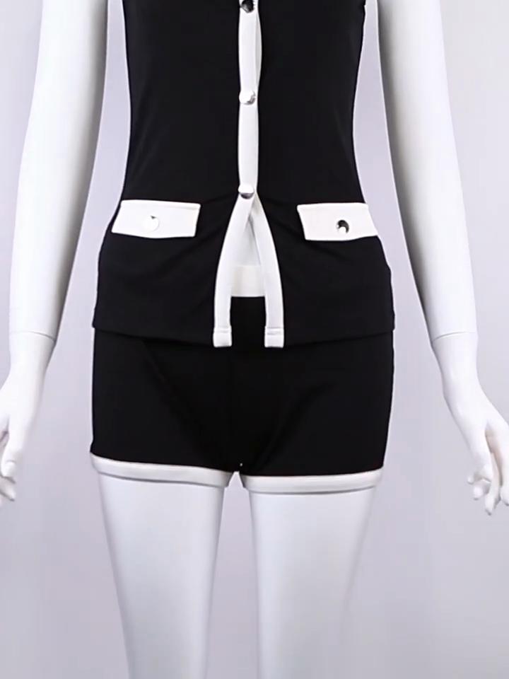 Spring New Women's Clothing Temperament Sexy Contrast Color Sleeveless Button Cardigan Top Slim Shorts Suit
