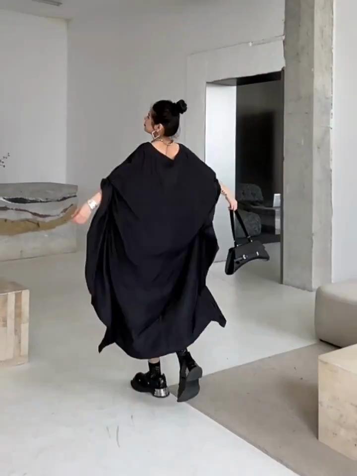 Xitao Black Irregular Batwing Sleeve Dress Loose Fashion Folds Patchwork Hem 2024 Summer New Personality Women WLD20226