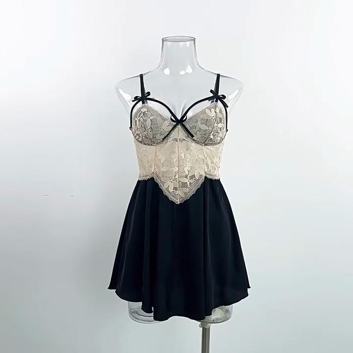 Летнее и осеннее сексуальное кружевное атласное платье с глубоким V-образным вырезом и подвеской для сна