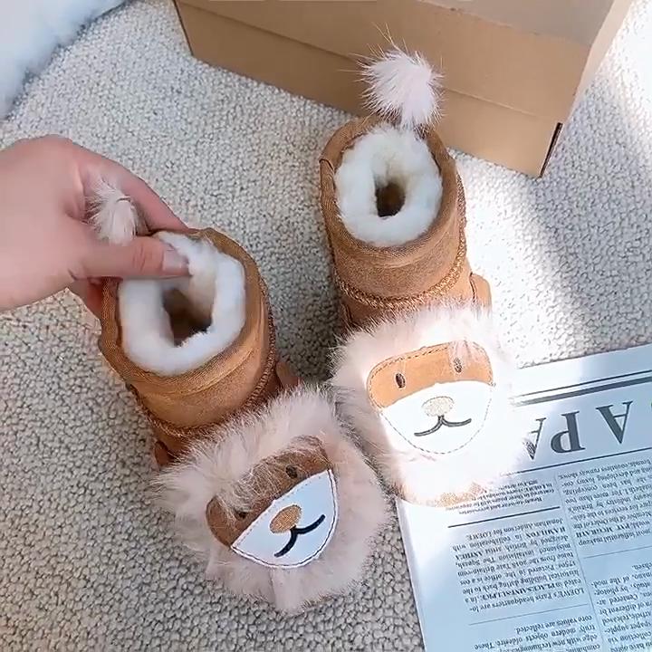 Ботинки из натуральной кожи и меха, короткие, мультяшные, 'Маленький лев', зимние, для детей, нескользящие, теплые, хлопковые