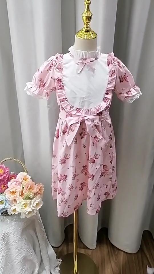 Лето 2024 г., розовое детское платье принцессы с короткими рукавами и принтом для девочек, одежда для девочек