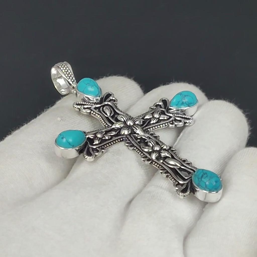 Кулон с бирюзовым драгоценным камнем Бирюзовый натуральный драгоценный камень Ручная работа Подвеска-крест из стерлингового серебра 925 пробы для подарков Подвеска для нее, женские украшения