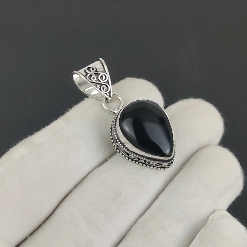 Серебряный кулон с натуральным черным ониксом из стерлингового серебра 925 пробы — грушевидный дизайн ручной работы, повседневная бижутерия, подарок отцу на день рождения