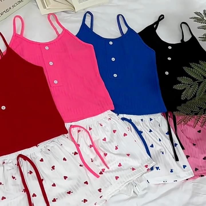 2025 Summer Heart Print Pajamas Set for Women Homewear Sexy Sling Crop Tops and Shorts 2 Pieces Suit Red Black Short Pijamas Sleepwear Loungewear