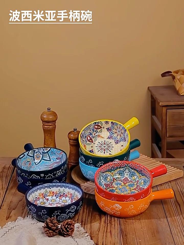 Bohemian Ceramic Handle Bowl, Home Creative Fruit Salad Bowl, Instant Noodle Bowl With Handle, Oven Baking Bowl, Heat-Resistant