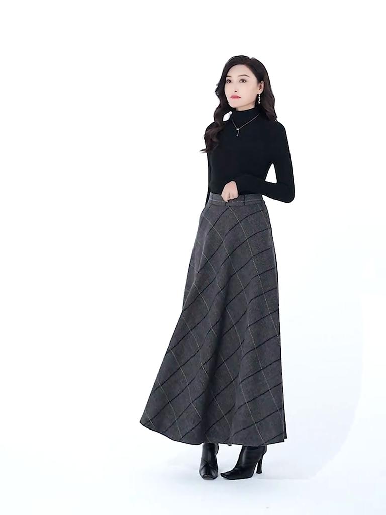New Woolen Plaid Skirt for Women Mid-length Autumn and Winter Slimming High-waisted A-line Skirt Casual Long Skirt