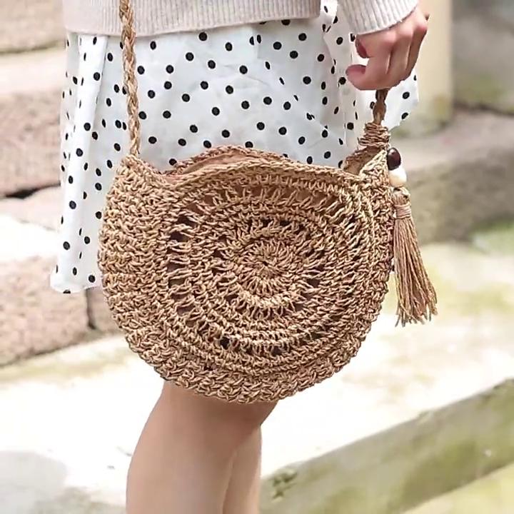 Yogodlns Round Soft Paper Rope Shoulder Bag Tassel Handmade Crossbody Bags Straw Bag Circle