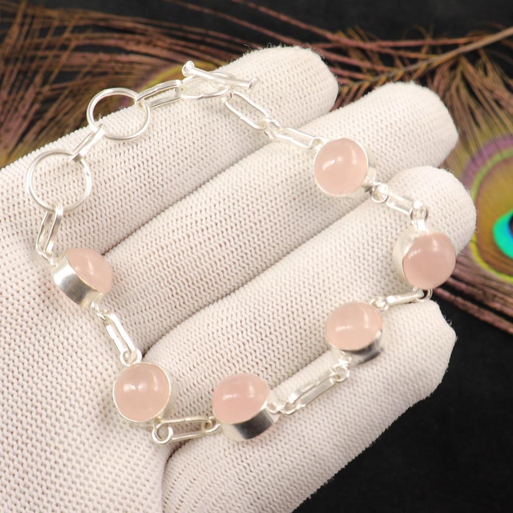 Rose Quartz Gemstone 925 Sterling Silver Jewelry Handmade Bracelet For Birthday RB-14-22