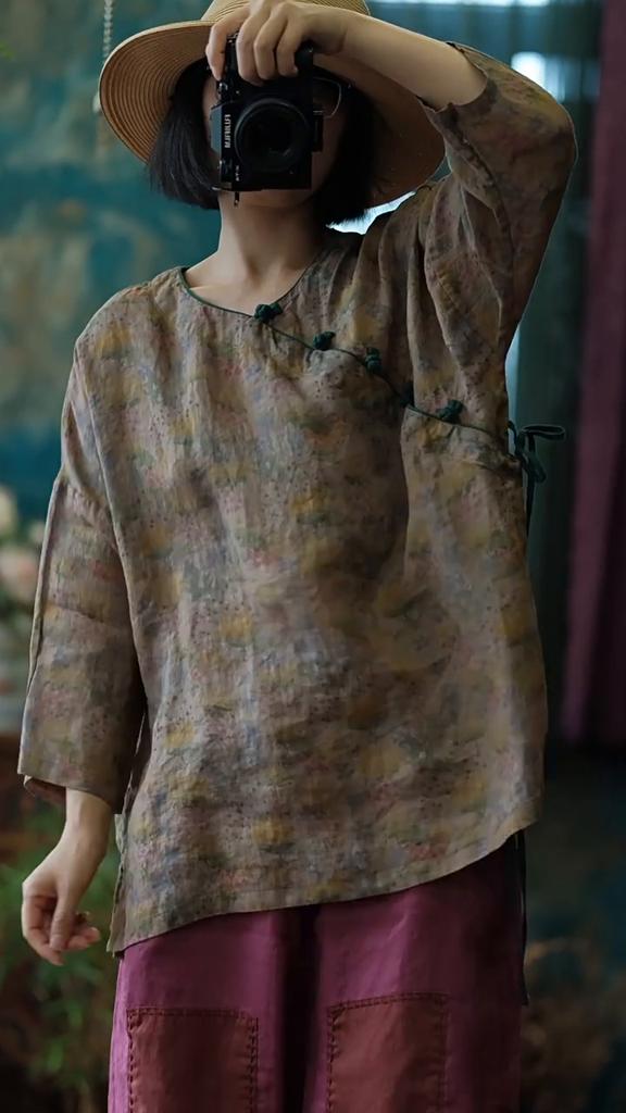 Johnature Women Vintage T-Shirts Print Floral O-Neck Long Sleeve Autumn Button Chinese Style Women T-Shirts