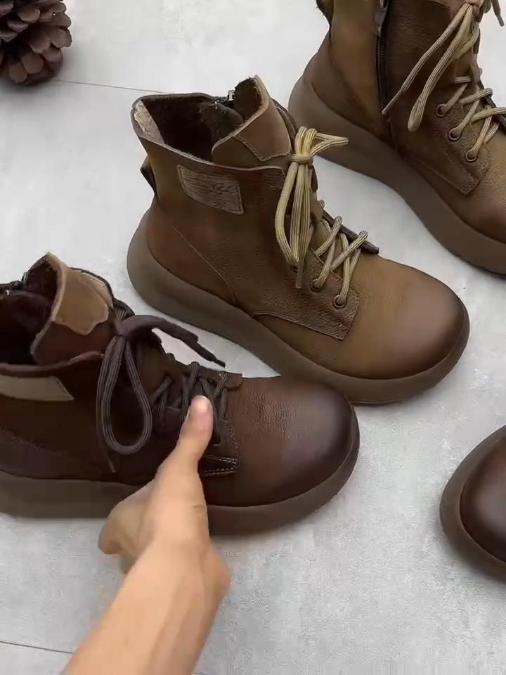 Johnature Handmade Thick Soled Genuine Leather Short Boots Retro Round Toe Lace Up Side Zipper Cowhide Women's Shoes