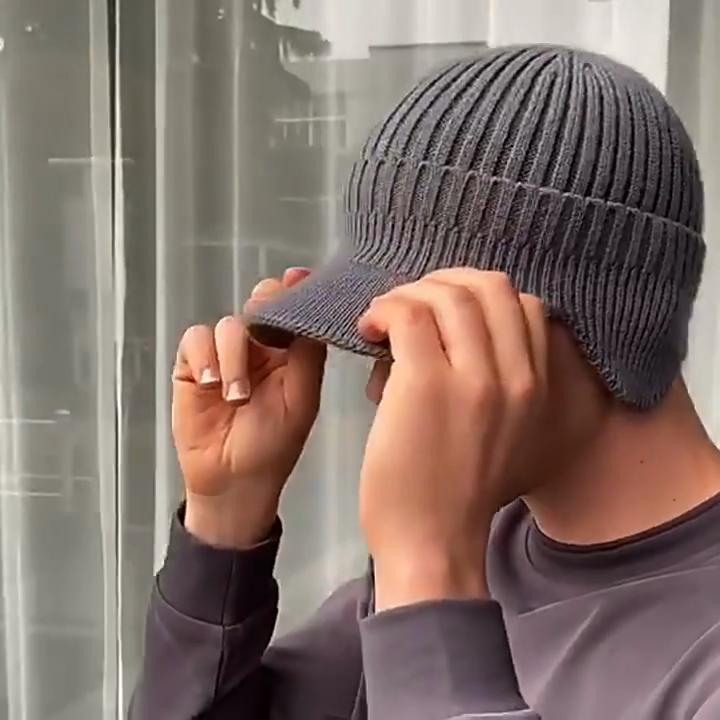 Men's Simple Fashion Autumn and Winter Solid Knitted Wool Hat Thicken Warm Outdoor Earflap Hat with Brim