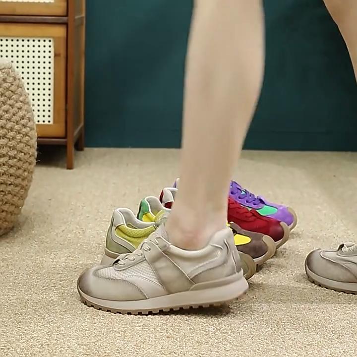 Johnature Breathable Mesh Splicing Genuine Leather Casual Sneakers Mixed Colors Flat Comfortable Women's Shoes