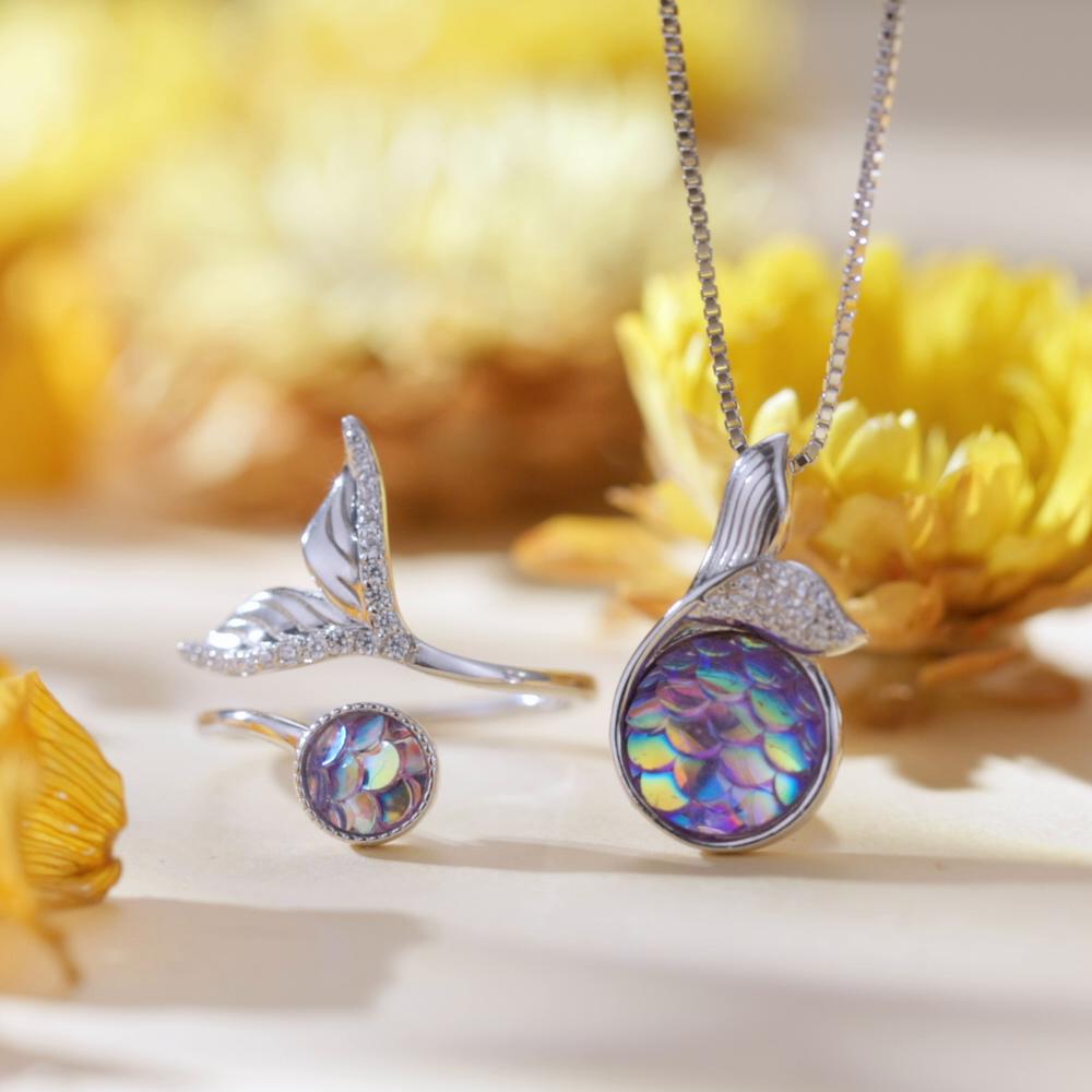 BAMOER 925 Sterling Silver Mermaid Fishtail Pendant Necklace Colorful Fish Scales Neck Chain for Women Fine Jewelry Gift