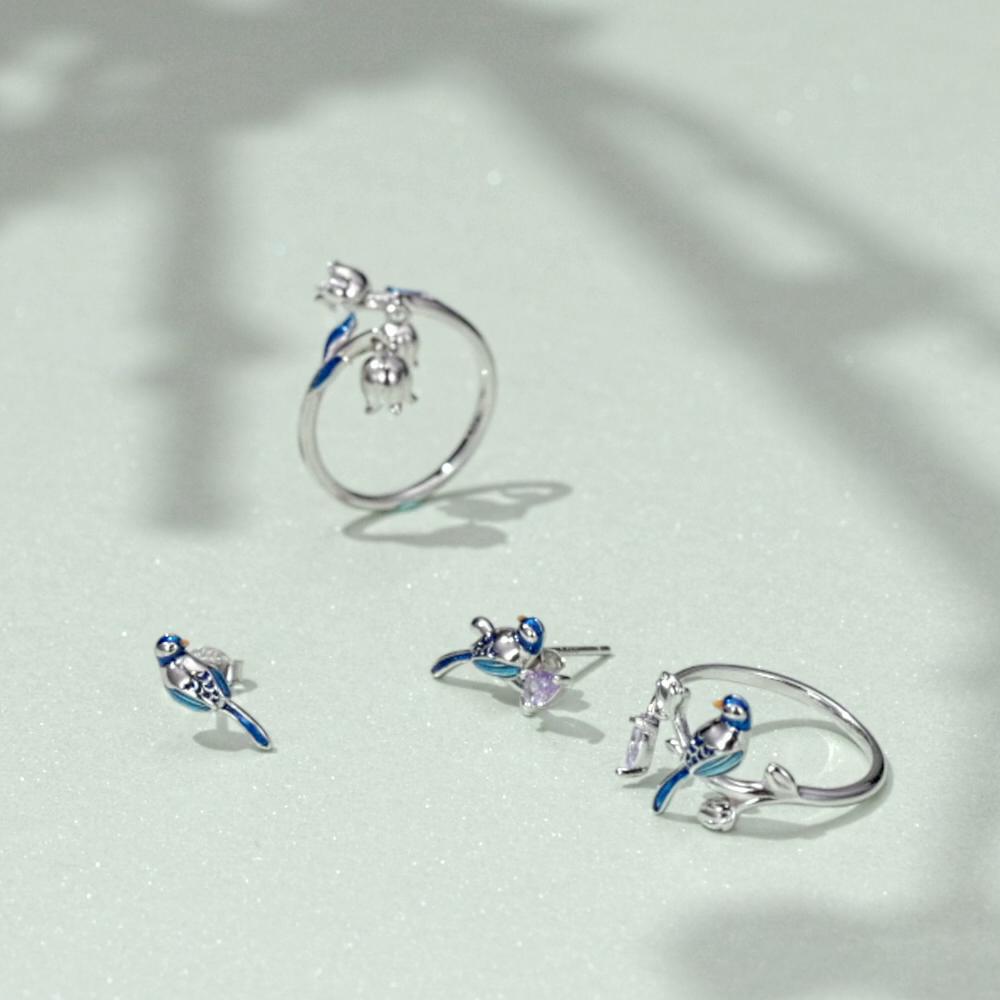 BAMOER 925 Sterling Silver Exqusite Blue Bird Ring for Women Fine Jewelry Dainty Leaf Open Ring Fashion Wedding Gift