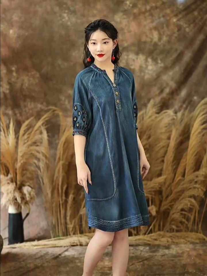 Johnature Retro Pocket Devise Cotton Casual Solid Color A-Line Dress Half Sleeve V-Neck Loose Vintage Style Embroidery Dress