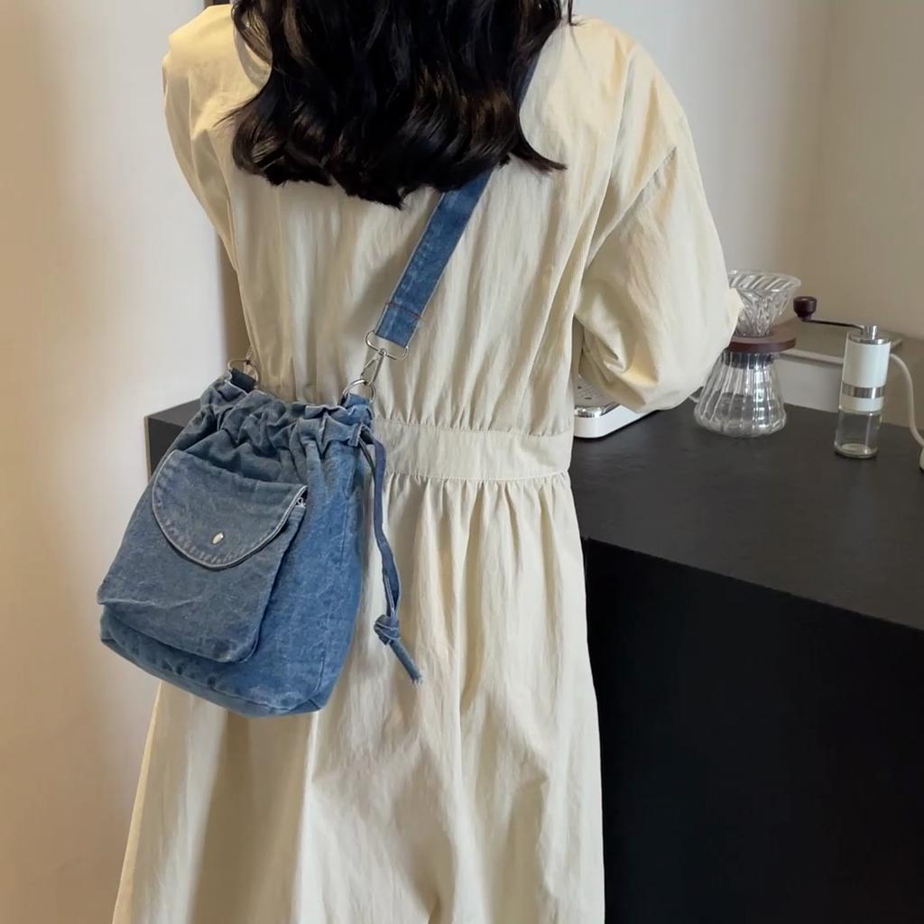 Плиссированная сумка-ведро Женская джинсовая сумка Маленькая сумка через плечо Сумка через плечо