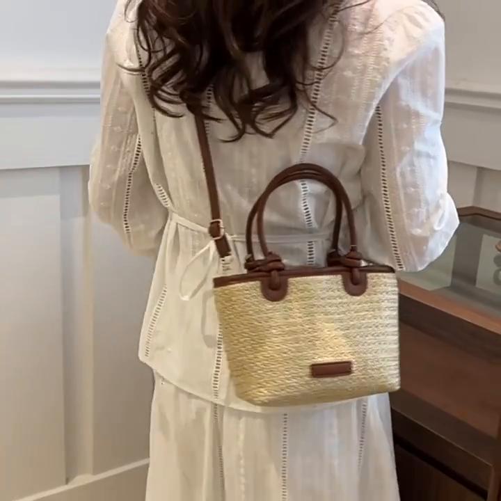 Yogodlns New Straw Woven Crossbody Bags For Women Summer Rattan Vacation Bucket Shoulder Bags Summer Seaside Beach Handbags