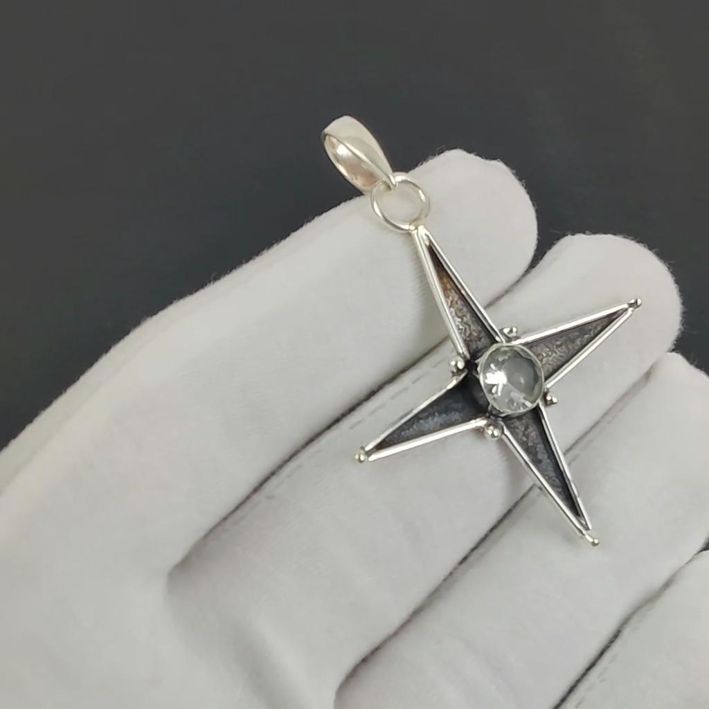 Серебряный кулон с белым топазом и драгоценным камнем из стерлингового серебра 925 пробы — дизайн звезды ручной работы, повседневные украшения, уникальные дизайнерские кулоны, подарок на день рождения