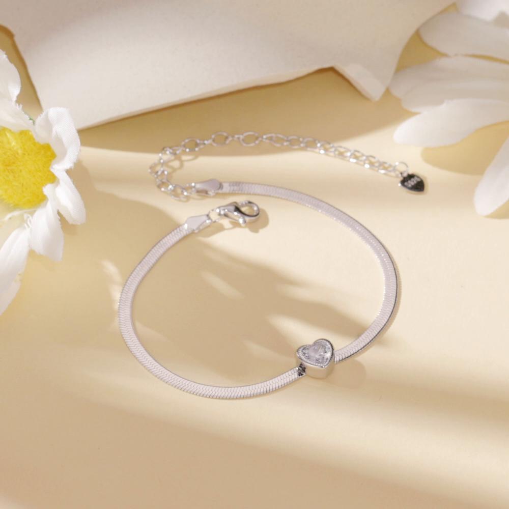 BAMOER 925 Sterling Silver Punk Herringbone Snake Chain Bracelet Heart Blade Chain Link Platinum Plated for Women Fine Jewelry