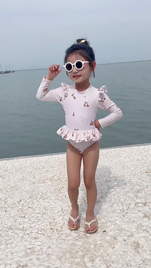 New Summer Children's Swimwear Girls' Bikini Cartoon Print Baby Boys' Swimsuit Long Sleeve Sunscreen Beach Swimming Clothing