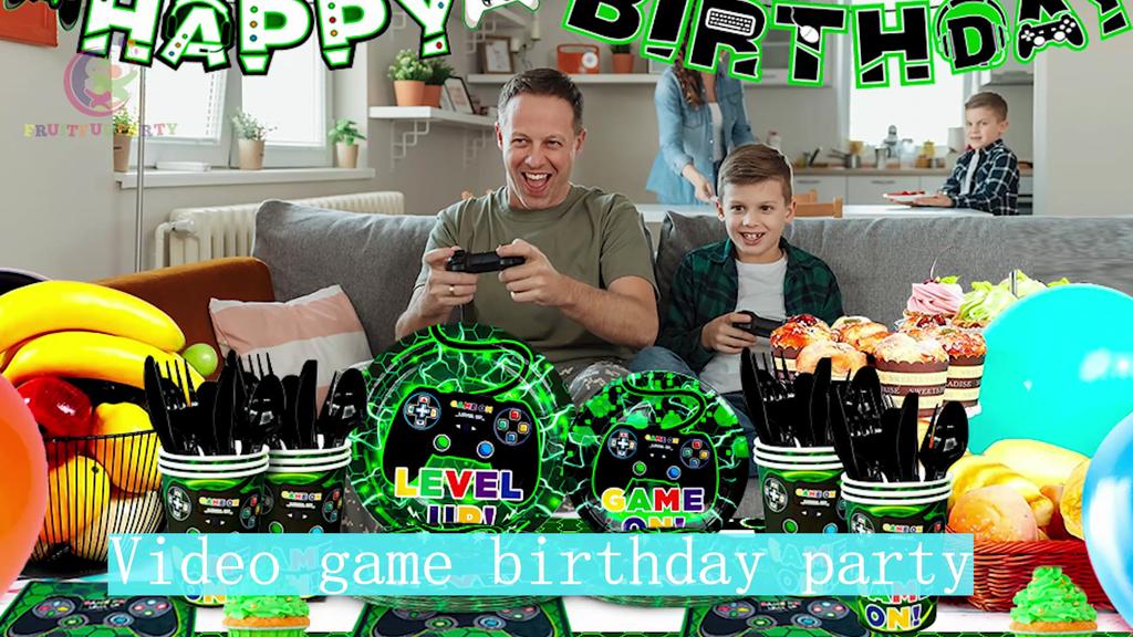 Товары для вечеринок с видеоиграми, набор столовых приборов для вечеринок с видеоиграми из 128 предметов - тарелки и салфетки для видеоигр, чашки, скатерти, баннеры и т. д. Товары для украшения вечеринок