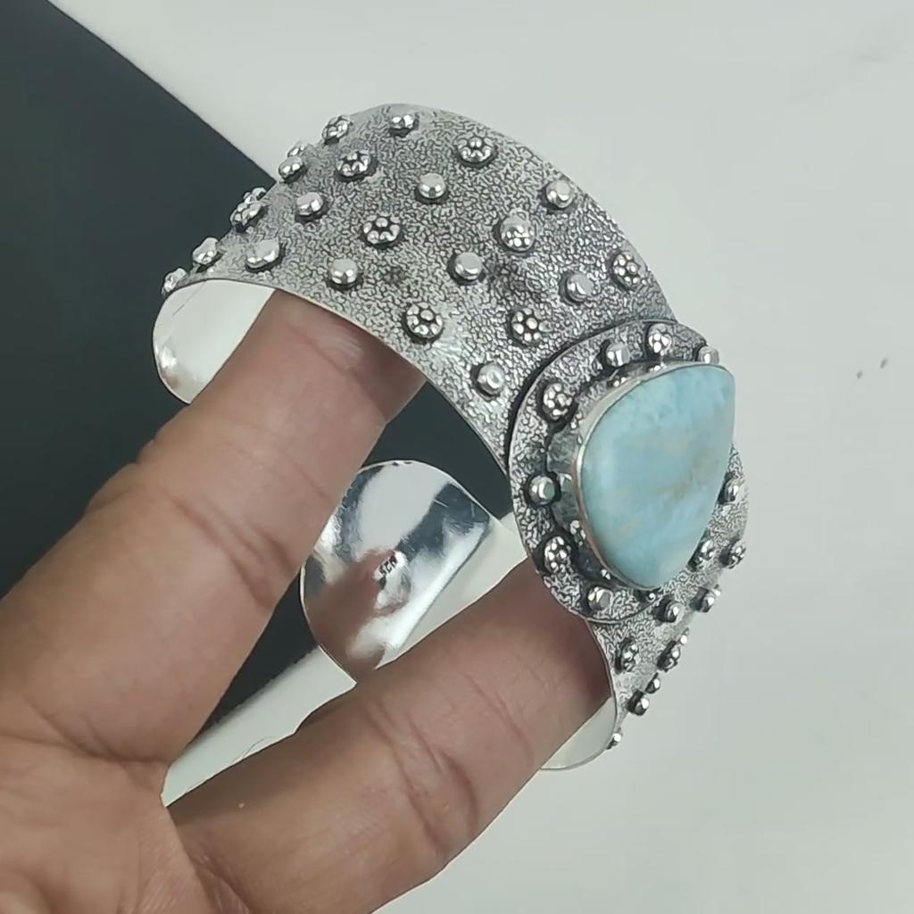Natural Larimar Gemstone Handmade 925 Sterling Silver Cuff Bangle , Larimar Bangle,For Wife, Unisex Bangle, Gifts For Birthday