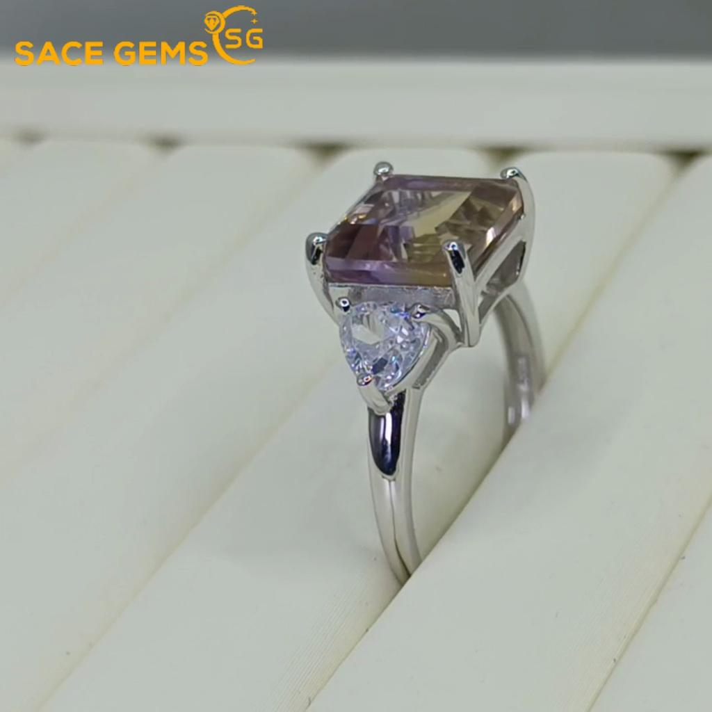 SACEGEMS 9*9MM Natual Ametrine Rings for Women 925Sterling Silver Wedding Party Fine Jewelry Festival Gift