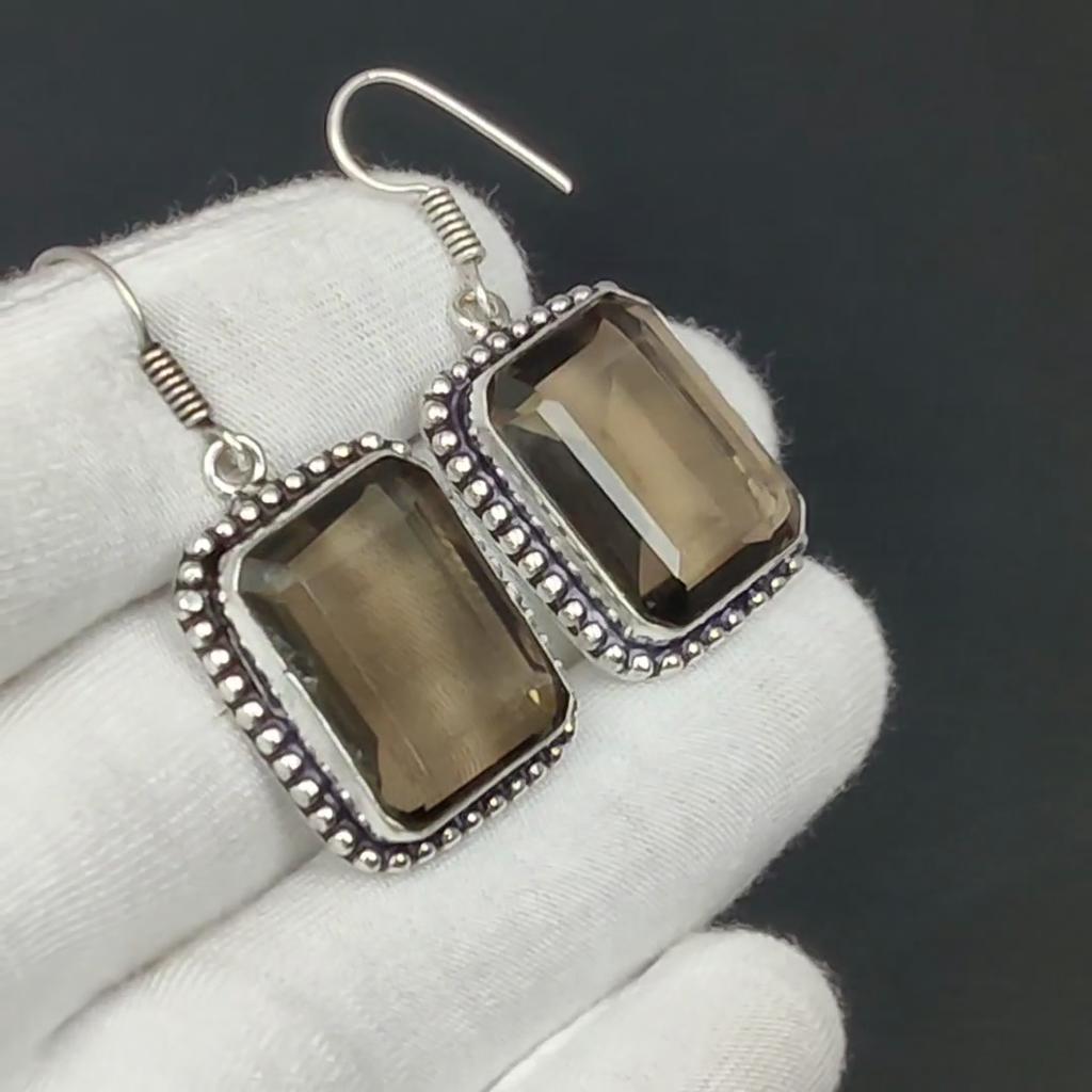 Smoky Topaz Gemstone Earring, 925 Sterling Silver Earring, Boho Silver Earring Jewelry, Bohemian Earring For Gifts, Women's Jewelry Earring