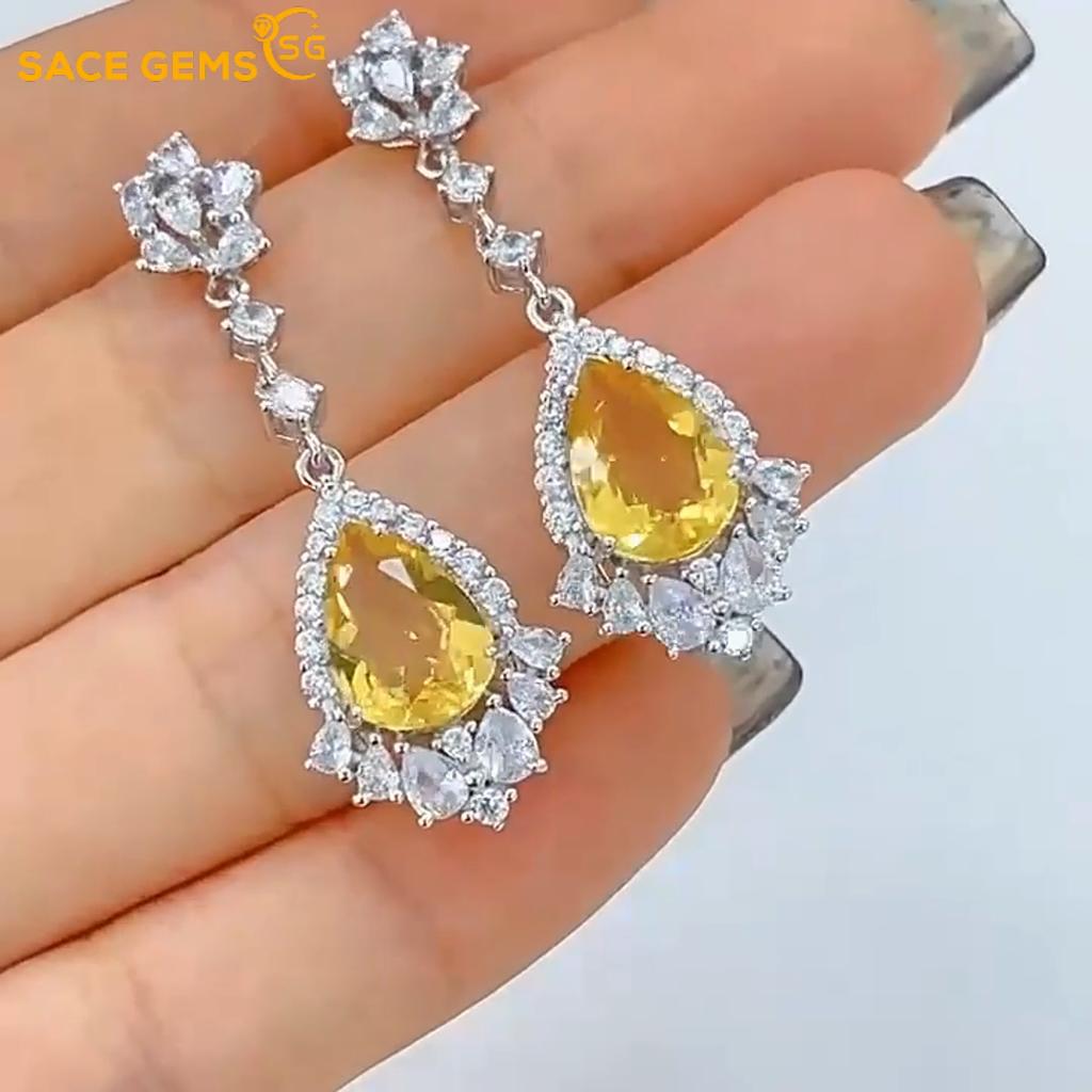 Sace Gems Earrings for Women 925 Sterling Silver 8*10MM Natual Citrine Stud Earrings Wedding Party Fine Jewelry