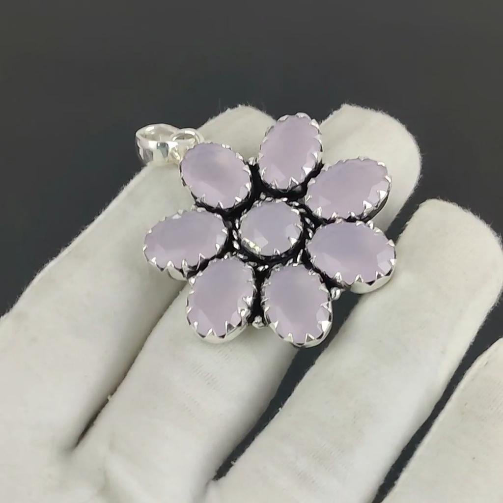 Серебряный кулон-цветок с камнем розовый кварц из стерлингового серебра 925 пробы - Ручная работа, дизайн в форме груши, украшение на каждый день, подарок на день рождения