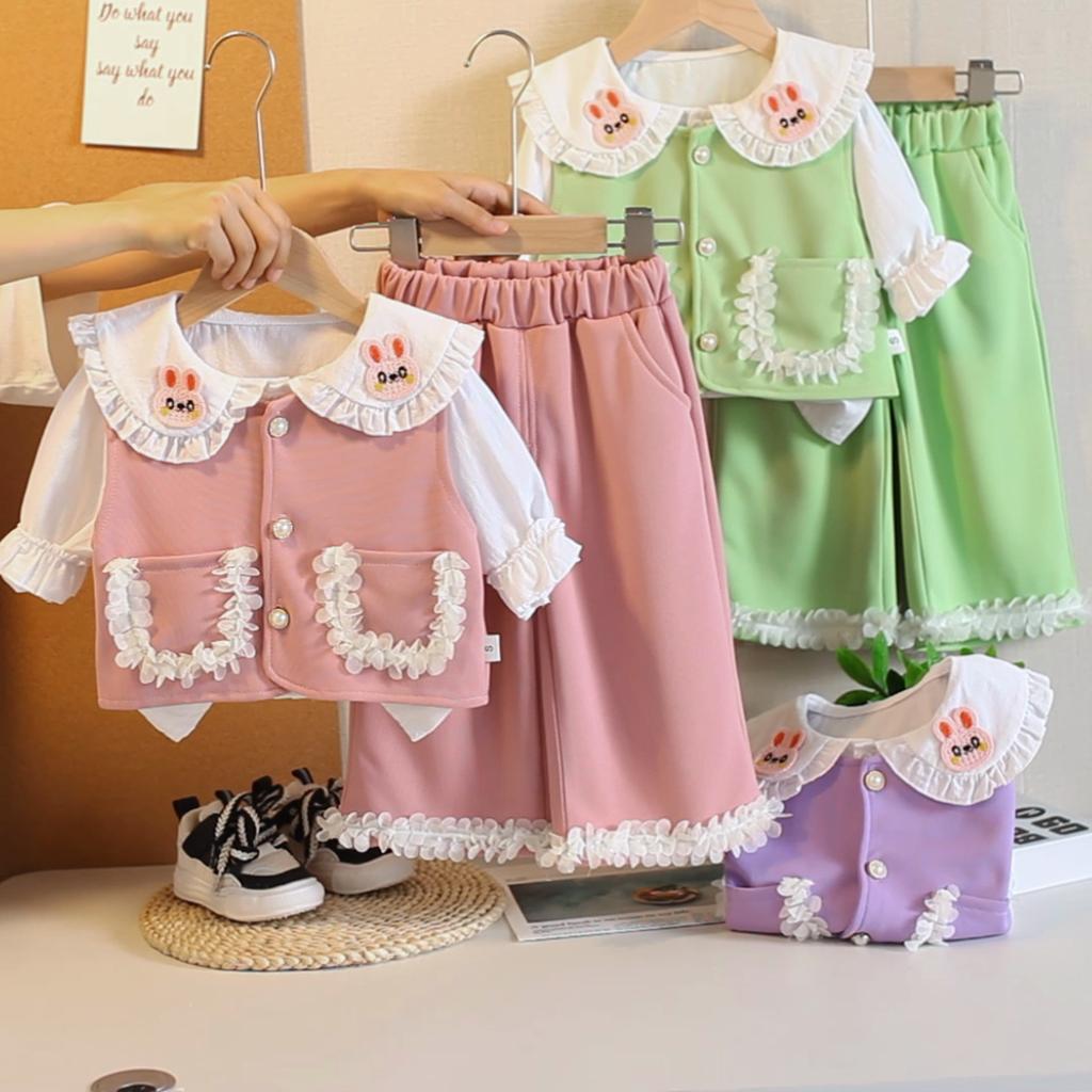 Girls' Long Sleeved 3-piece Set, Cute Lace Vest for Girls Aged 0-5+lapel Shirt+matching Long Pants Set, High-quality Clothes