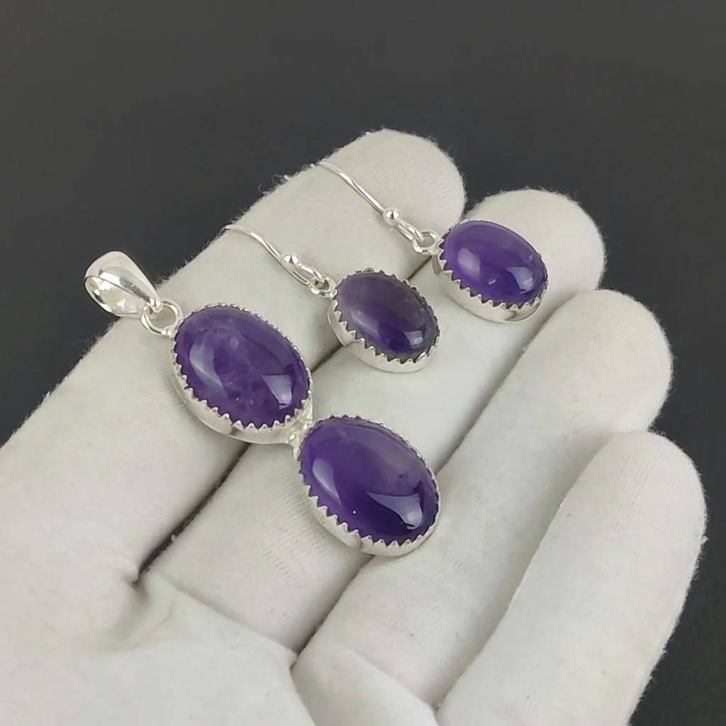 Комплект подвесок из натурального аметиста, аметистовый драгоценный камень, ручная работа, серьги, подвеска из стерлингового серебра 925 пробы, комплект для женщин, подвеска, праздничный наряд, подарок для любимого человека