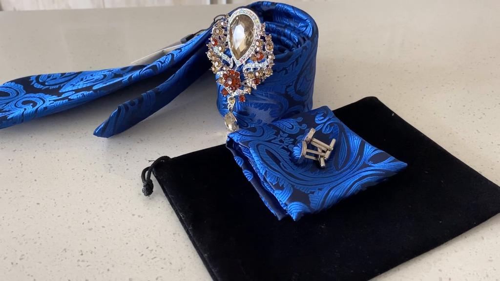 Barry.Wang Paisley Tie with Brooch for Men Wedding Formal Silk Necktie Hanky Cufflink Set