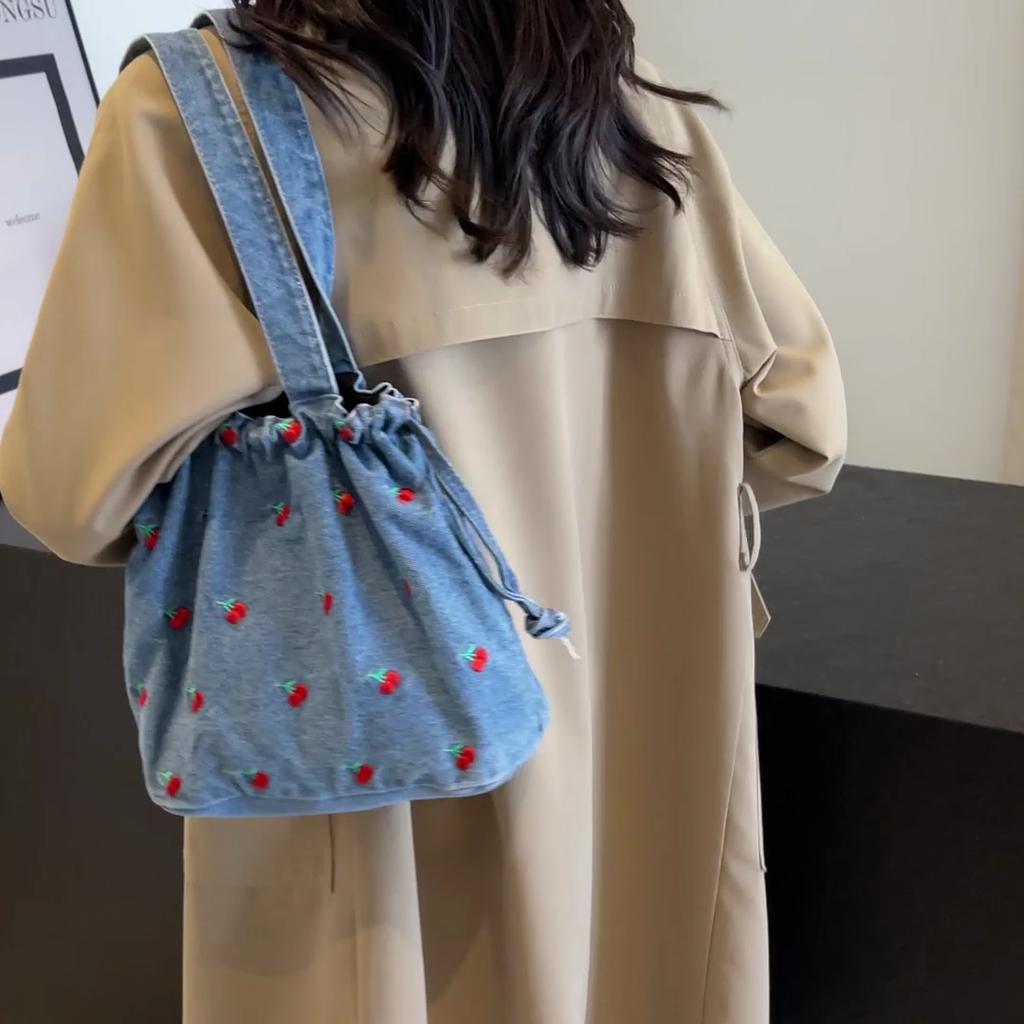 Women's Crossbody Bag Cherry Embroidery Shoulder Bag Commuter Small Tote Bag