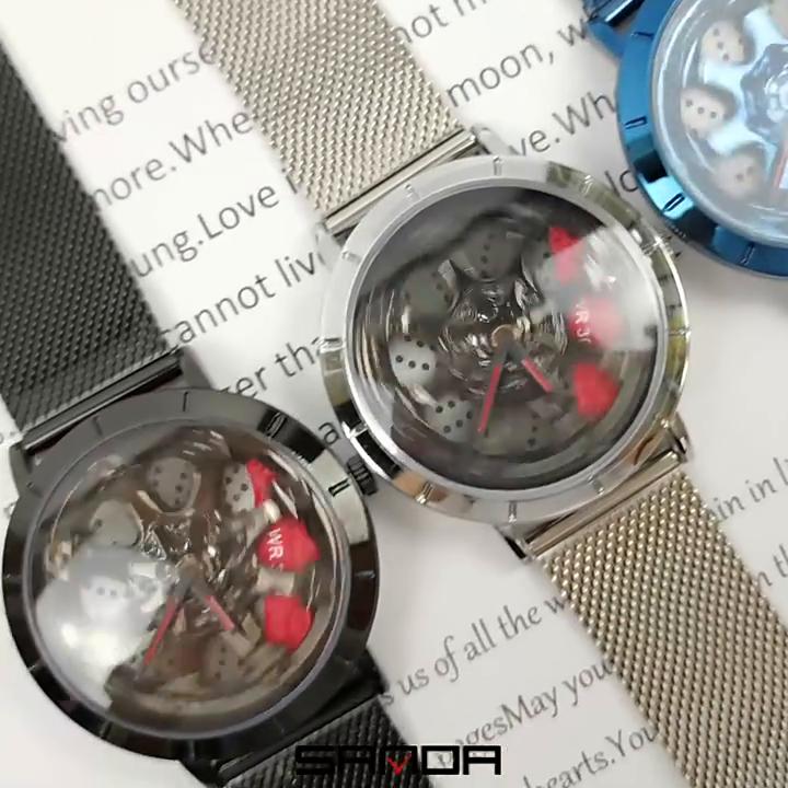 SANDA Часы со стальным ремнем, модные повседневные мужские часы с крутым циферблатом, кварцевые часы на колесе автомобиля