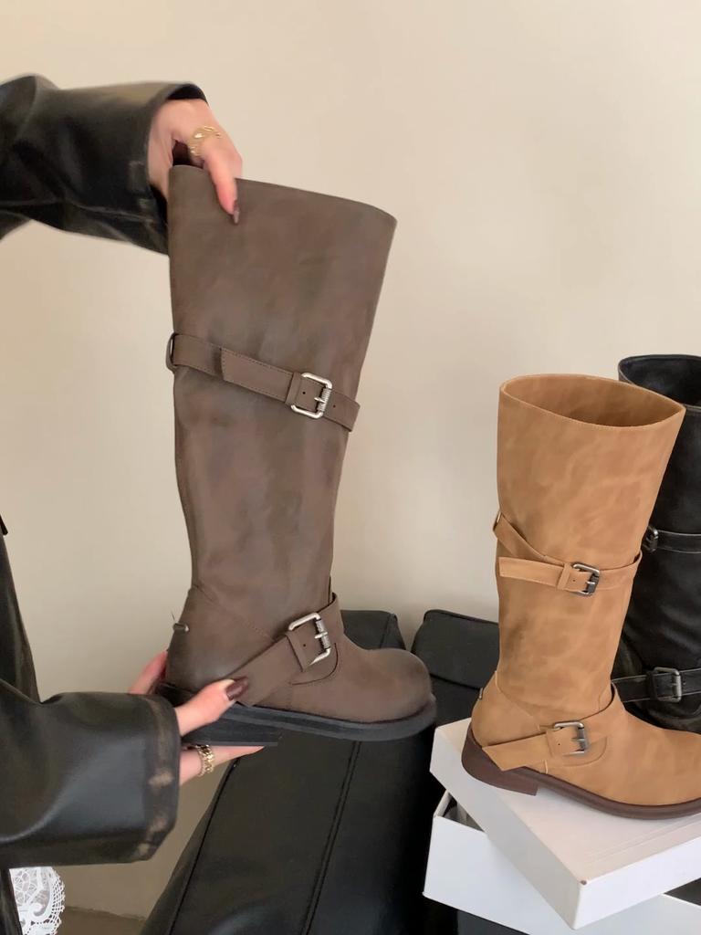 Eilyken Winter Punk Design Belt Buckle Knee High Boots Women Fashion Round Toe Square Heels Shoes Modern Booties