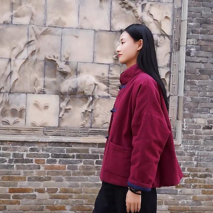 Johnature Women Solid Color Ramie Stand Cotton Clothing Button Pocket Long Sleeve Coats Winter Chinese Style Coat