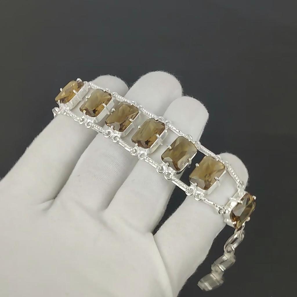 Граненый браслет из дымчатого кварца, ювелирное изделие из стерлингового серебра 925 пробы, браслет с регулируемой цепочкой, драгоценный камень в форме подушки, украшение ручной работы, подарок для нее