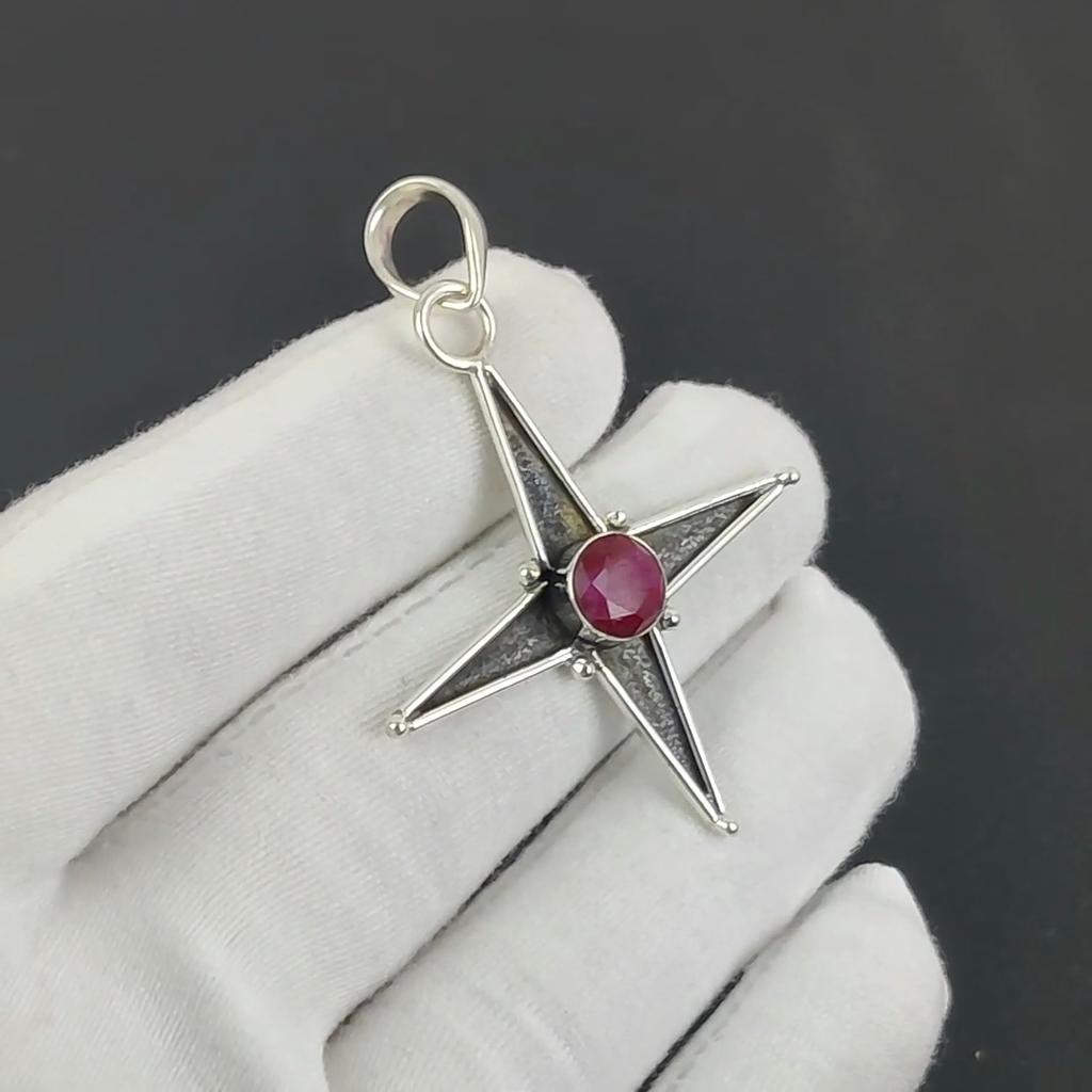 Серебряный кулон с рубиновым камнем из серебра 925 пробы - ручная работа, дизайн звезды, повседневные украшения, уникальный дизайн, подарочный кулон