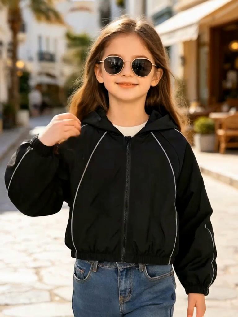 Girls 8-12Y All Season Casual Jacket, Raglan Long Sleeve Zip Up Short Coat with Reflective Stripe, Lightweight Outdoor Running Cycling Sportswear