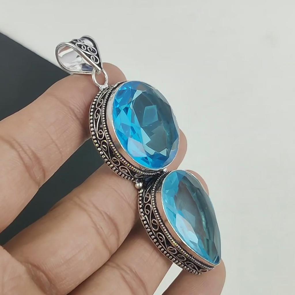 Amazing Swiss Blue Topaz Gemstone Pendant 925 Sterling Silver- Handmade Design, Everyday Wear Jewelry, Unique Swiss Blue Topaz Double Stone Pendant