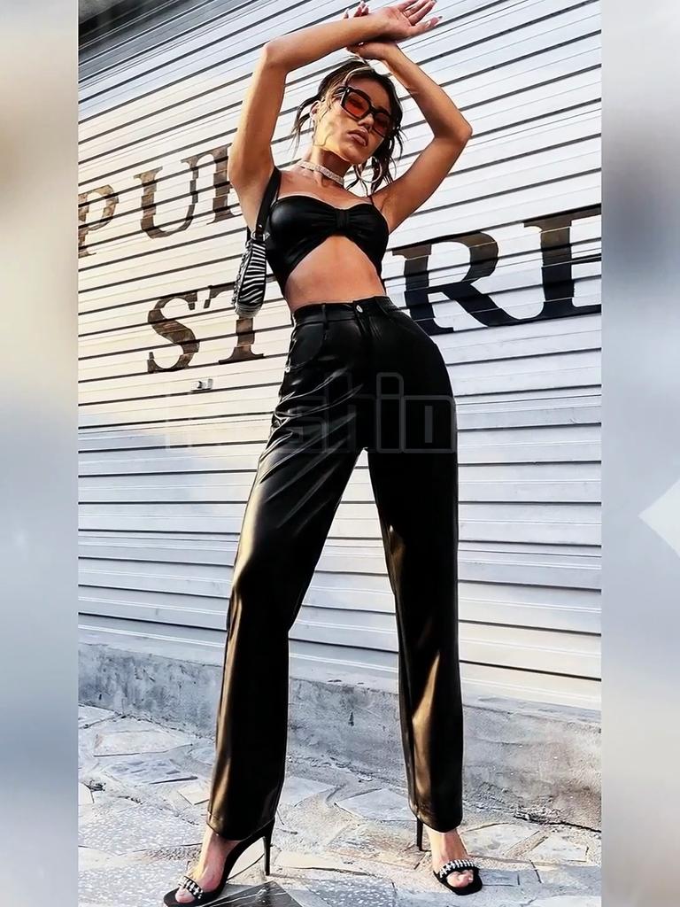 Rose Beauty A High Waist Solid Black PU Leather Pants Women Elastic Pencil Skinny Tight Pants