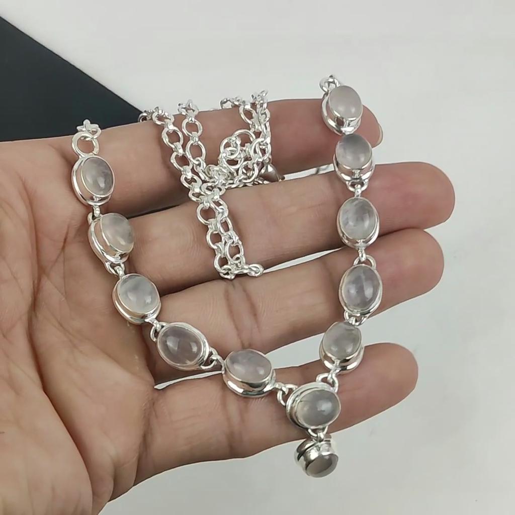 Ожерелье из серебра 925 пробы с натуральным розовым кварцем, серебряное ожерелье из розового кварца для жены, ожерелье унисекс, подарок на вату