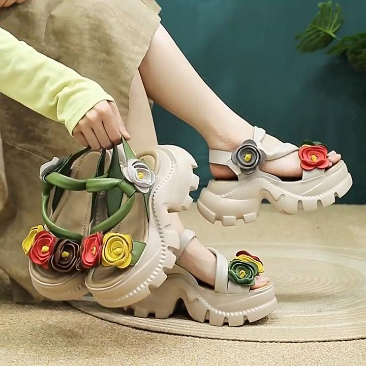 Johnature Retro Flower Peep Toe Platform Sandals Breathable Genuine Leather Versatile Women's Shoes