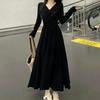 French Style Fashion Dresses Sping New Women Solid V-Neck Pleated Temperament Long Sleeve Slim Mid-length A-line Corset Dress